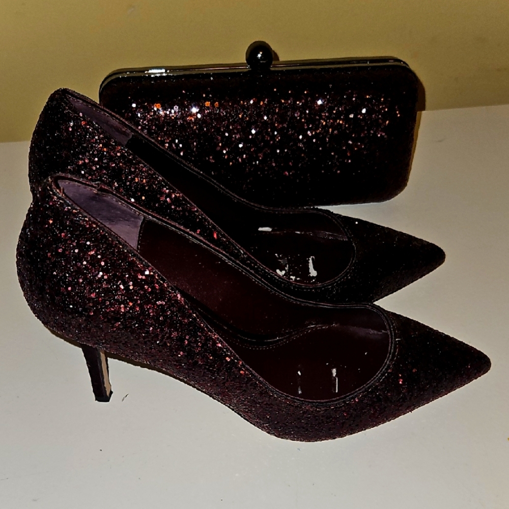 WHITE HOUSE BLACK MARKET MAROON SEQUEIN SHOES AND MATCHING PURSE